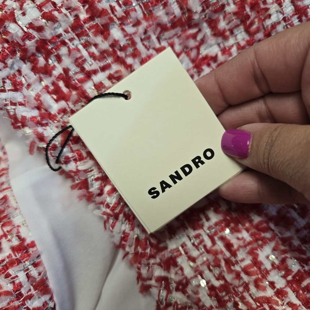 Sandro Paris Red Wrap Effect Metallic Tweed Meridan Mini Skirt Sz‎ 42 NWT $295 - Picture 7 of 12